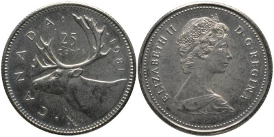 Канада 25 центов 1981 Елизавета II (1952-2022), олень KM 74 никель PROOFLIKE 181-326