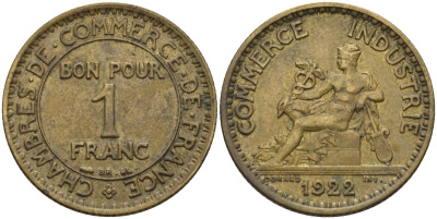 Франция 1 франк 1922 KM 876, Le Franc 218.5 алюминиевая бронза 4142-642