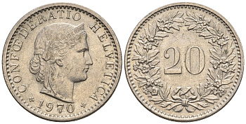 Швейцария 20 раппенов 1970 B KM 29a медно-никель 4610-736