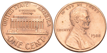 США 1 ЦЕНТ 1988 ЛИНКОЛЬН KM 201b цинк плакированный медью 188-336
