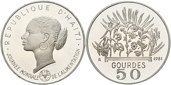 Гаити 50 гурдов 1981 50 лет FAO, голова женщины KM 149 серебро PROOF 1066-1-23