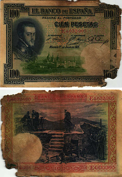 ИСПАНИЯ 100 ПЕСЕТ 1931 МАДРИД, 19 ИЮЛЯ 1925, ФИЛИПП II, СТУЛ ФИЛИППА II ЭСКОРИАЛ , СЕРИЯ E4632905 Pick 69b бумага 8609-40-2