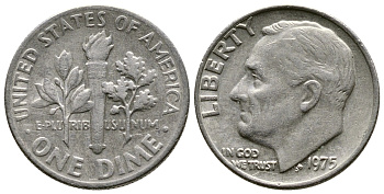 США 10 ЦЕНТОВ = 1 ДАЙМ 1975 РУЗВЕЛЬТ KM 195а медь плакированная медно-никелем 73-1532