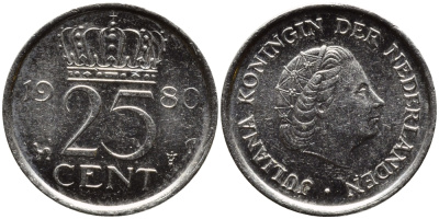 НИДЕРЛАНДЫ 25 ЦЕНТОВ 1980 ЮЛИАНА KM 183 никель 4392-432