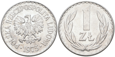 ПОЛЬША 1 ЗЛОТЫЙ 1975 КРЕМНИЦА KM 49.1 алюминий UNC 4589-415