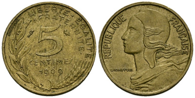 Франция 5 сантимов 1969 тип Marianne KM 933 алюминиевая бронза 4136-438