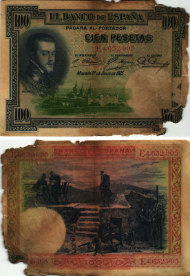 ИСПАНИЯ 100 ПЕСЕТ 1931 МАДРИД, 19 ИЮЛЯ 1925, ФИЛИПП II, СТУЛ ФИЛИППА II ЭСКОРИАЛ , СЕРИЯ E4632905 Pick 69b бумага 8609-40-2