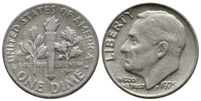 США 10 ЦЕНТОВ = 1 ДАЙМ 1975 РУЗВЕЛЬТ KM 195а медь плакированная медно-никелем 73-1532