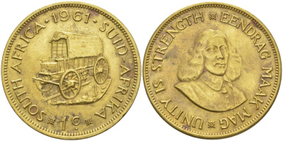 ЮАР 1 цент 1961 Ян ван Рибек (1619-1677), голландский исследователь, повозка KM 57 латунь 3855-1036