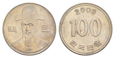 Южная Корея 100 вон 2003 Ли-Сунсин, корейский флотоводец KM 35 медно-никель 4648-1153