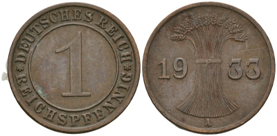 Германия 1 рейхспфенниг 1933 A KM 37, J. 313 бронза 4189-1156