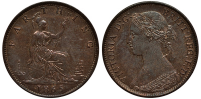Великобритания 1 фартинг 1865 Виктория (1837-1901) KM 747.2, Spink 3958 бронза 1523-1241