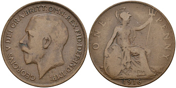 Великобритания 1 пенни 1916 Георг V (1910-1936) KM 810, Spink 4051 бронза 4149-716
