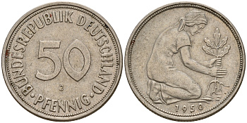 ФРГ 50 пфеннигов 1950 J J. 384, KM 109.1 медно-никель    4602-718