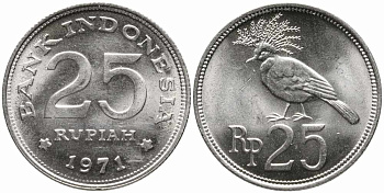 Индонезия 25 рупий 1971 венценосный голубь KM 34 медно-никель 86-1652