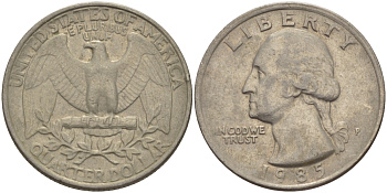 США 25 ЦЕНТОВ = КВОТЕР 1985 Р, ВАШИНГТОН KM А164а медь плакированная медно-никелем 31-746