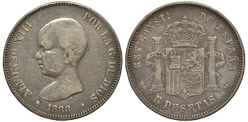 Испания 5 песет 1888 MP-M, Альфонсо XIII (1886-1931) KM 689 серебро 1525-232