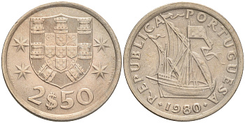 Португалия 2,5 эскудо 1980 парусник KM 590 медно-никель 192-815