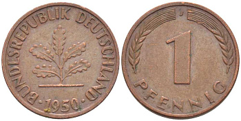 ФРГ 1 ПФЕННИГ 1950 J KM 105, J. 380 сталь плакированная медью 116-343