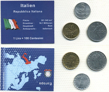 Италия лот из 3 монет - 5, 20, 50 лир в пластиковой запайке UNC 7-4-1-39