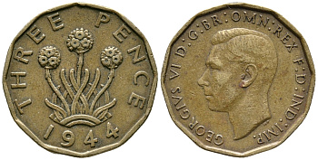 Великобритания 3 пенса 1944 Георг VI (1936-1952) KM 849, Spink 4112 никель латунь 34-935