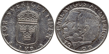 Швеция 1 крона 1999 Карл XVI Густав (1973- ) KM 852a медно-никель 4385-856