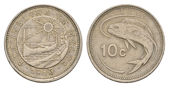 Мальта 10 центов 1986 золотая макрель KM 76 медно-никель 4632-862