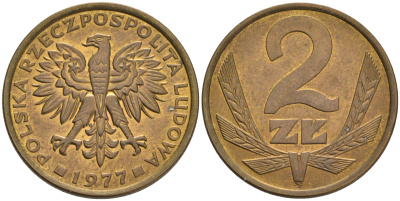 ПОЛЬША 2 ЗЛОТЫХ 1977 ЛЕНИНГРАДСКИЙ МОНДВОР KM 80.1 латунь XF-UNC 192-352