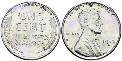 США 1 цент 1943 S (Сан-Франциско), Авраам Линкольн KM 132 a сталь плакированная цинком 94-1126