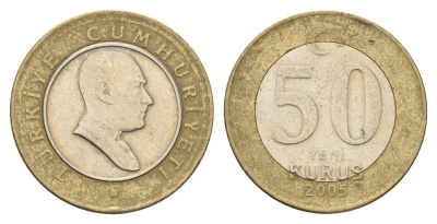 Турция 50 новых курушей 2005 Кемаль Ататюрк KM 1168 биметалл 4675-214