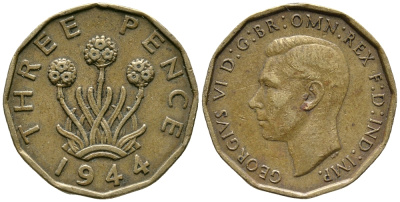 Великобритания 3 пенса 1944 Георг VI (1936-1952) KM 849, Spink 4112 никель латунь 34-935