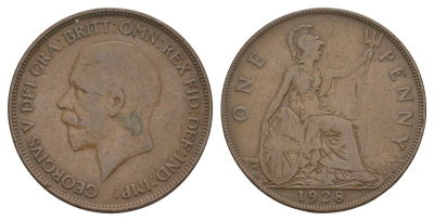 Великобритания 1 пенни 1928 Георг V (1910-1936) KM 838, Spink 4055 бронза 4645-1014