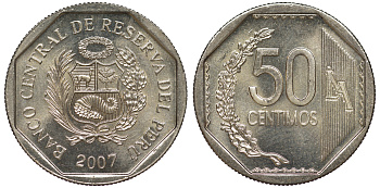 Перу 50 сентимо 2007 KM 307.4 медно-никель aUNC 4605-313