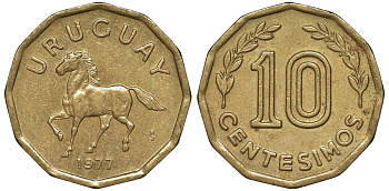 Уругвай 10 сентесимо 1977 KM 66 алюминиевая бронза 4164-755
