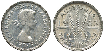 Австралия 3 пенса 1963 m, Елизавета II (1952-2022) KM 57 серебро 71-869