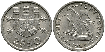 Португалия 2,5 эскудо 1984 парусник KM 590 медно-никель 99-1165