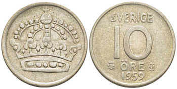 Швеция 10 эре 1959 TS, Густав VI Адольф (1950-1973) KM 823 серебро 116-1218