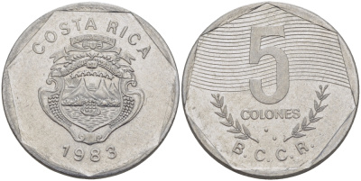 КОСТА-РИКА 5 КОЛОНОВ 1983 В.С.С.R. KM 214.1 нержавеющая сталь 82-945