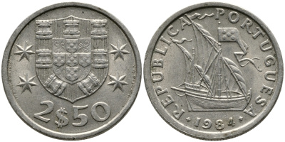 Португалия 2,5 эскудо 1984 парусник KM 590 медно-никель 99-1165