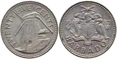 Барбадос 25 центов 1987 ветряная мельница Моргана Льюиса KM 13 медно-никель 4398-425