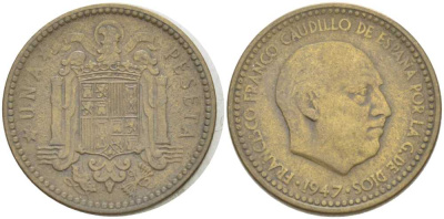 ИСПАНИЯ 1 ПЕСЕТА 1947 ФРАНСИСКО ФРАНКО ДИКТАТОР ИСПАНИИ (1939-1975) KM 775 алюминиевая бронза 213-131