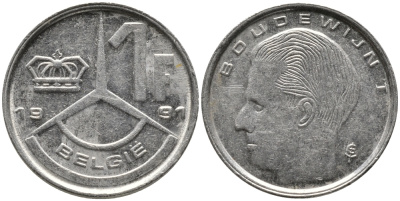 БЕЛЬГИЯ 1 ФРАНК 1991 BELGIE KM 171 сталь плакированная никелем 99-1242