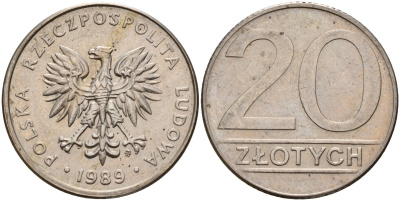 Польша 20 злотых 1989 MW Y 153.2 медно-никель 4187-734