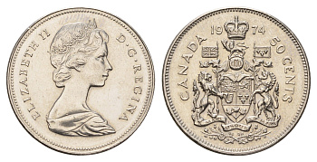 Канада 50 центов 1974 Елизавета II (1952-2022), герб KM 75.1 никель aUNC 4678-1222