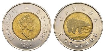 Канада 2 доллара 1996 Елизавета II (1952-2022), полярный медведь KM 270 биметалл UNC 4637-1031