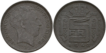 Бельгия 5 франков 1943 DES BELGES, Леопольд III (1934-1947) KM 130 цинк 4161-942