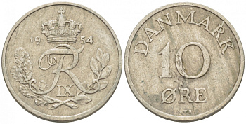 ДАНИЯ 10 ЭРЕ 1954 N; S, ФРЕДЕРИК IX (1947-1972) KM 841.1 медно-никель 3718-341