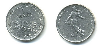 ФРАНЦИЯ 1 ФРАНК 1972 СЕЯТЕЛЬ KM 925.1 никель 57-211