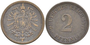 ГЕРМАНИЯ 2 ПФЕННИГА 1877 A, СТАРОГЕРБОВКА KM 2, J. 2, Weege 3 медь 212-716
