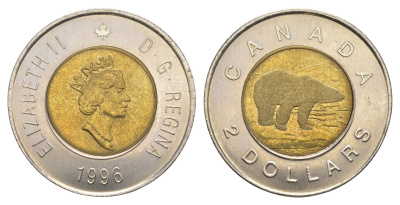 Канада 2 доллара 1996 Елизавета II (1952-2022), полярный медведь KM 270 биметалл UNC 4637-1031